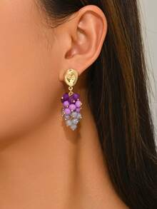 1 Pair Fresh & Fashionable Sweet Purple Dopamine Crystal Grape Cluster Earrings, Vintage Creative Handmade Beaded Grape Crystal Earrings Suitable For Women's Daily, Vacation, Party Wear (Handmade Seed Bead Color, Position And Quantity Random) - Purple - View 2
