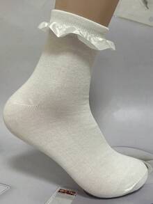 1 Pair Women's Pure White Lace Ruffle Star Trim Cute & Versatile Mid-Calf Socks, New Style For Spring, Summer, Autumn - White - View 13