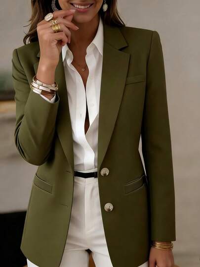 This Fashionable Women's Lightweight Woven Fabric Blazer Features A Lapel Collar Design And Regular Long Sleeves, Suitable For Office Or Casual Wear. Spring