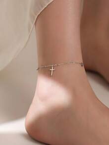 GAGAFEEL 1. Dây đeo mắt cá chân hình chữ thập trơn đơn giản và thoải mái bằng bạc sterling S925, hình trái tim và ngôi sao, đa năng cho nữ giới, phù hợp cho kỳ nghỉ hè, đi biển, đeo hàng ngày và làm quà tặng. - Bạc - Xem 2