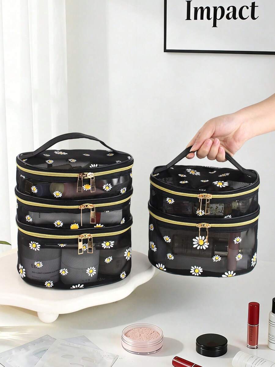 1 túi đựng mỹ phẩm lưới trong suốt Fresh Daisy, túi trang điểm 3 lớp hình bầu dục sang trọng, túi đựng đồ chăm sóc da và mỹ phẩm du lịch dung tích lớn, tiện dụng.