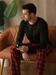 Men's Long Plaid Pajamas Cold Winter Flannel - 紅色 - 查看 4