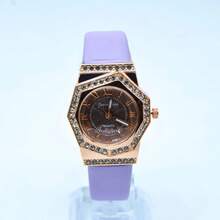 HYF-A83 Reloj de cuarzo de lujo para mujer, correa de silicona a la moda, relojes con calendario para mujer, reloj de pulsera con esfera de diamantes de imitación para estudiantes, reloj para mujer - Morado - Ver 2
