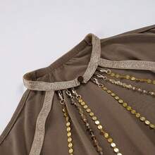 Nightclub Party Style Backless Dress With Metallic Chain Details, Loose Batwing Long Sleeves, Featuring Sexy Sequins And Embroidered Patchwork, Bodycon Mini Skirt For Western - Nâu ô liu - Xem 4