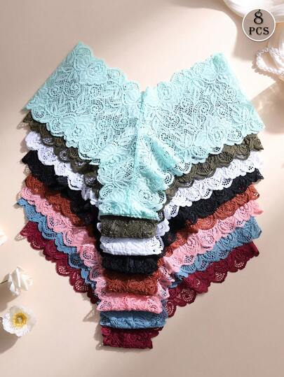 8 piezas Bragas de mujer sexy de encaje con diseño calado, de cintura media, sin costuras, cómodas y transpirables, ropa interior deportiva