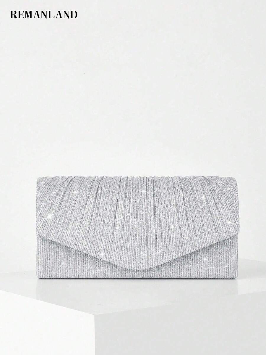 REMANLAND Eye-Catching Silver Sequined Clutch With Vertical Pleats, Featuring A Striking Sequined Texture And An Envelope Design. Perfect For Parties And Nightclubs, And A Great Gift. - Silver - View 1