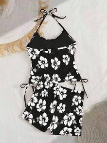 两件套夏季沙滩新款时尚吊带全包臀比基尼上衣和印花短裤，优雅性感沙滩度假泳装 - 彩色 - 查看 3