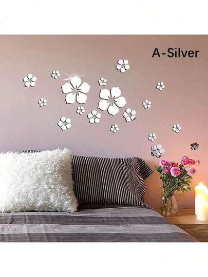 一套18片3D亚克力镜面效果花卉墙贴，DIY镜面效果花卉墙贴，可移除花卉墙贴，适用于客厅、卧室、浴室、办公室和家居装饰