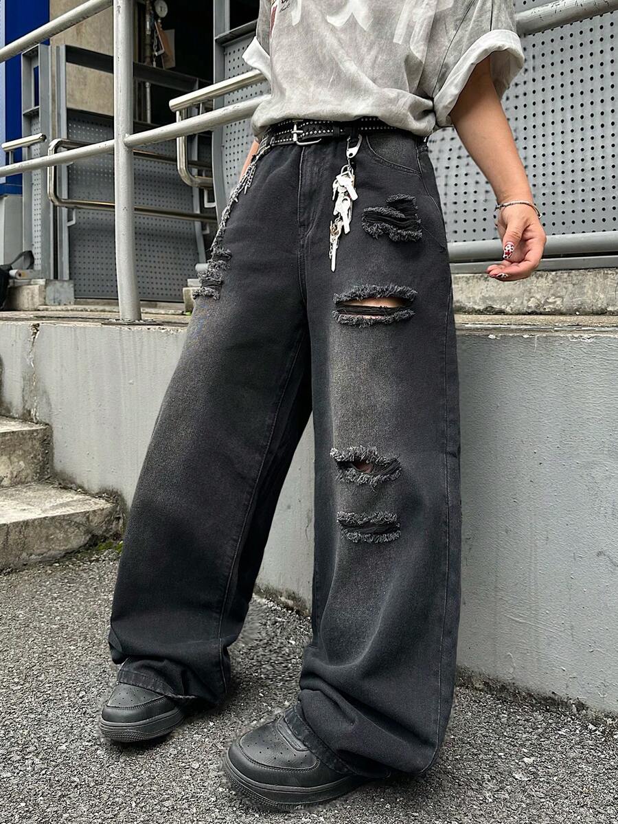 1pc Hearty Haven American Street Style Distressed Men's Loose Fit Wide Leg Washed Denim Jeans (No Belt & Accessories) - Black - View 1