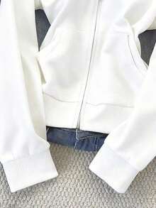 Chaqueta con capucha casual con cremallera frontal de unicolor y manga larga para mujer - Blanco - Ver 5