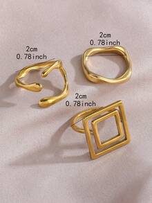 Bộ 3 chiếc nhẫn thép không gỉ mạ vàng 18K hình học bất đối xứng, thích hợp cho nữ đeo hàng ngày, quà tặng Ngày của Mẹ. - Vàng - Xem 6