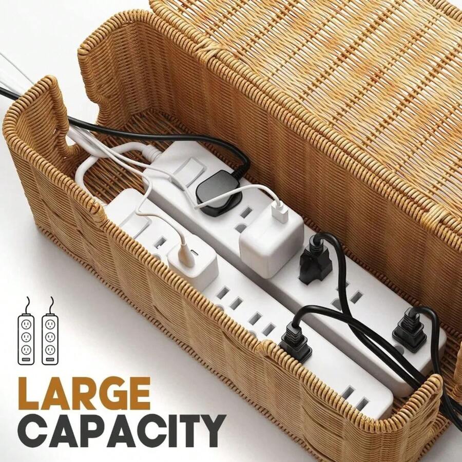 Caja de gestión de cables tejida a mano con tapa, tira de alimentación oculta y enrutador, caja de imitación de ratán, organizador de cables con 2 ranuras abiertas, caja ocultadora - como se muestra - Ver 1