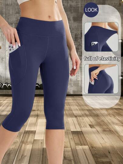 1 Stück hochelastische, atmungsaktive 7/8 Yoga Hose für Frauen, Sport Fitness schnelltrocknende Hose mit Seitentaschen, schlanke vielseitige stilvolle Trainingshose