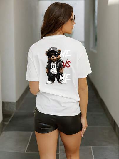 Leather Jacket Sunglasses Cool Bear VS Pattern Summer White Back Print Tee 100% Cotton Short Sleeve T-Shirt For Men & Women – Breathable Loose Fit European  Cute Print Casual Outdoor Tees (Sizes S-3XL)