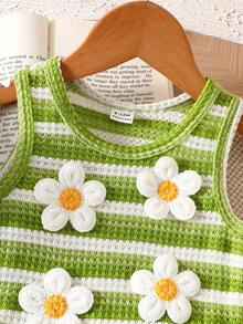 Baby Girl Summer 2-Piece Set: Sleeveless Striped Knit Top With Cute 3D Floral Decor And Ruffled Hem Striped Shorts, Soft & Breathable Fabric Suitable For Daily Wear, Outings - Hijau - View 3