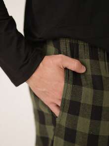 Men's Long Plaid Pajamas Cold Winter Flannel - 綠色 - 查看 7