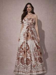 Women's Strapless Boho Print Long Dress With High Waist, Summer Beach Style, Elegant 2026 - Rỉ Nâu - Xem 8