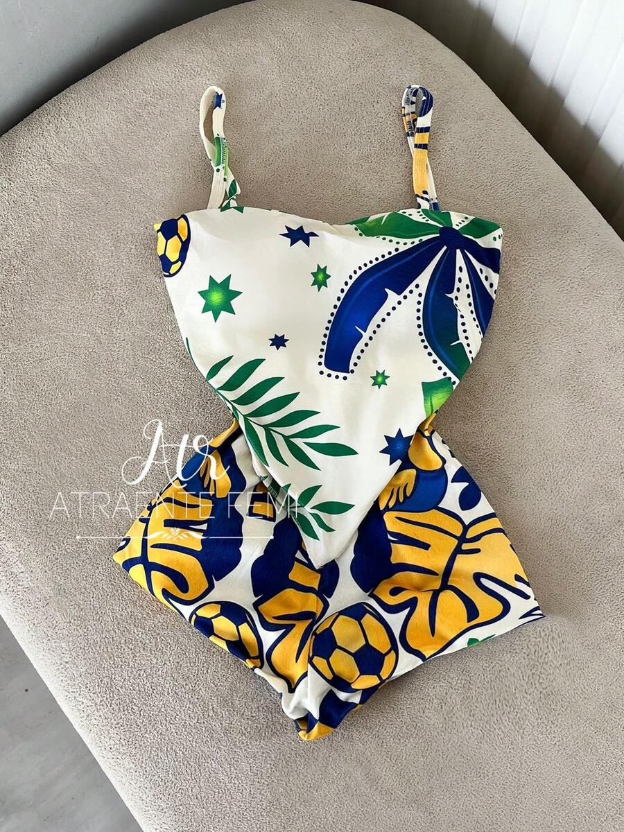 Launch Of PONTA Women's Set: Shorts + Blouse With Padding, Coconut Tree Landscape Print. - Brazil - View 1