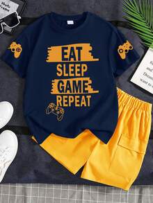 2pcs/Set Boys' Summer Outfit, Round Neck Short Sleeve T-Shirt And Shorts, Funny English Letter Print, New Comfortable Summer Set - Navy Blue - View 1