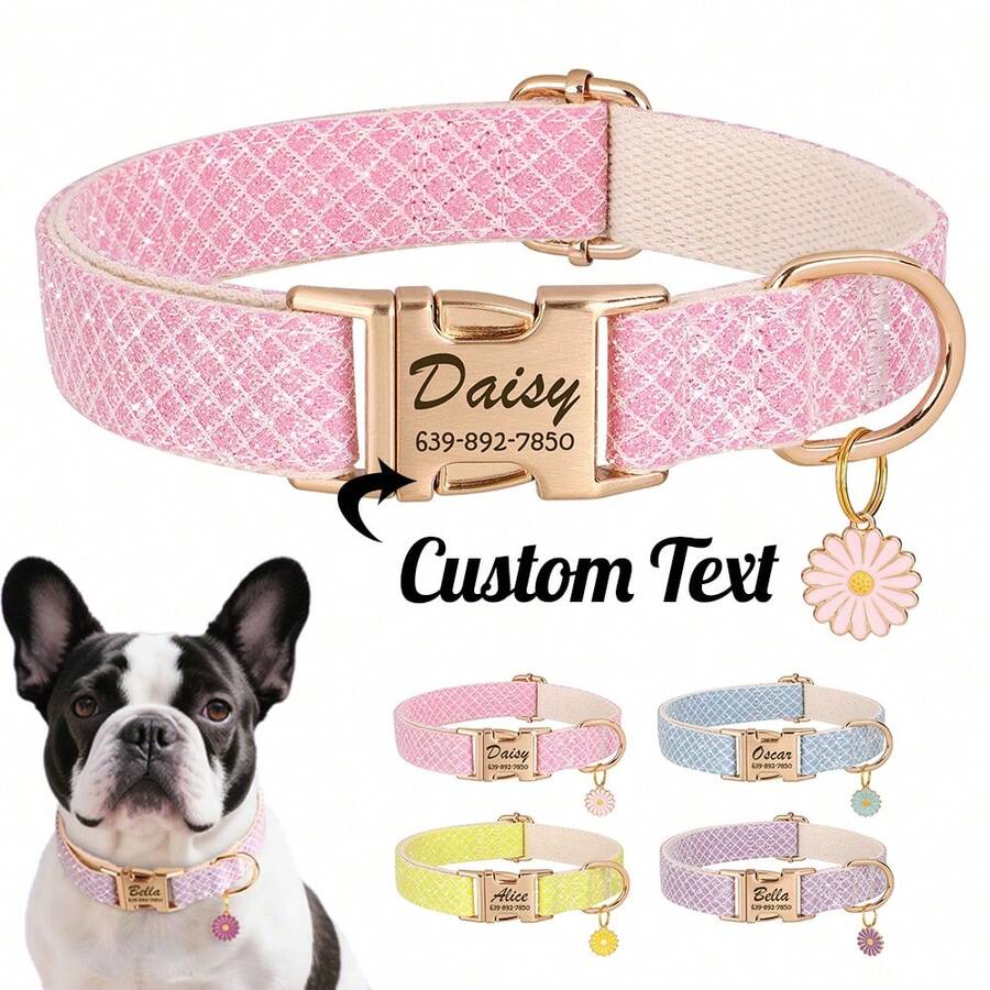 Customized Daisy Pendant Nylon Pet Collar With Engraved ID Tag, Adjustable Anti-Lost Collar, Matching Leash, Personalized Gift - Multicolor - View 1