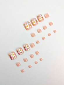 Uñas de verano, uñas cortas, uñas de los pies con flores lindas, uñas postizas - Rosa - Ver 2