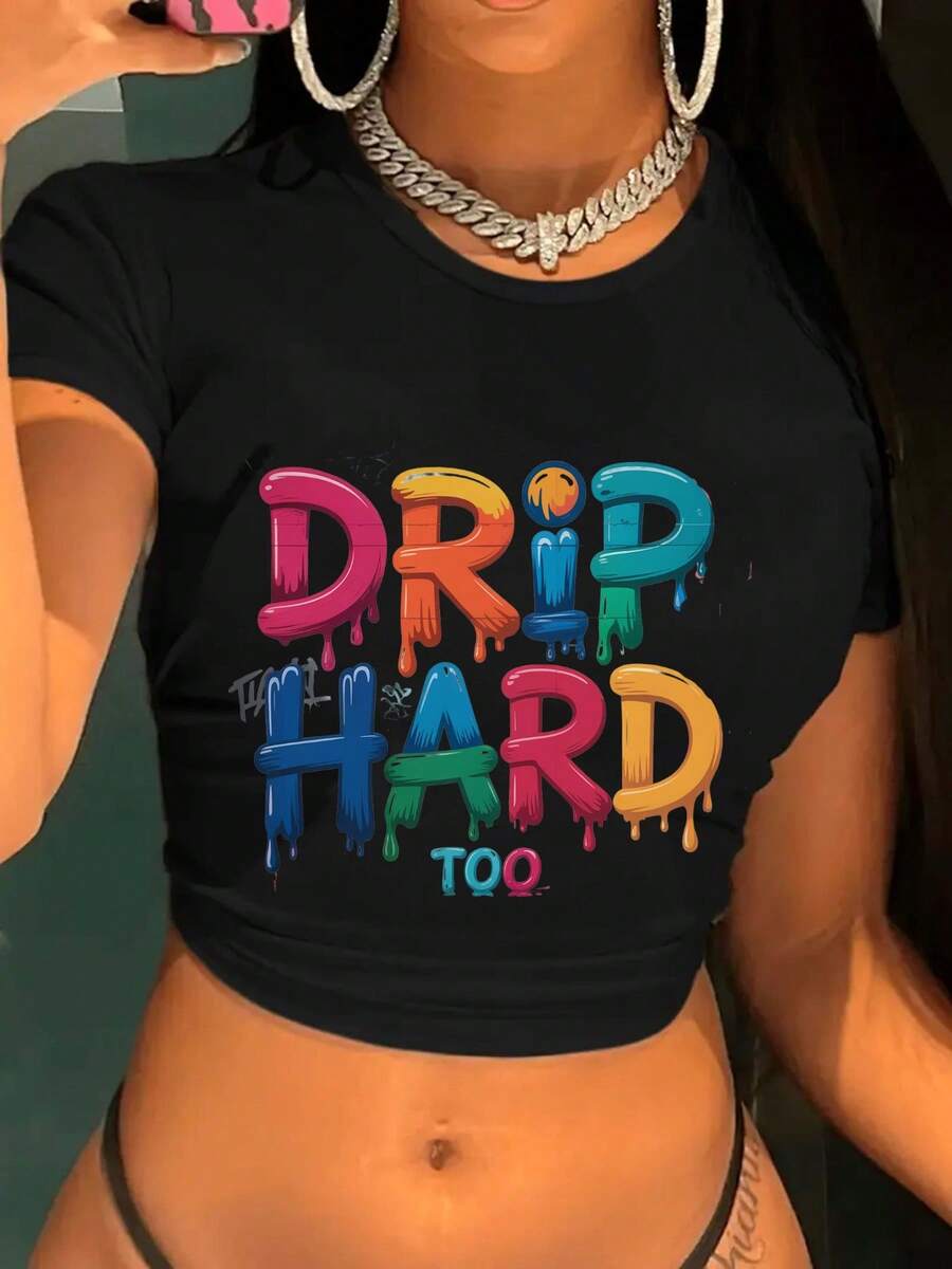 Black Crop Top Women'S "Drip Hard Too" Urban Fusion Crop Top - Casual Short Sleeve, Crew Neck, Light Gray With Colorful Graffiti Print, Spring/Summer/Fall Fashion, Spring Fashion Top | Playful Print Top | Stretchy Fabric2026- Summer Tops, Wedding, Holiday Outfits For Women - màu đen - Xem 1