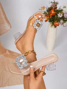 2026 New Summer Women's Thick Heel Strap Sandals, Open Toe Crystal Transparent Rhinestone Square Buckle Fashion Versatile High Heel Sandals - Apricot - View 7