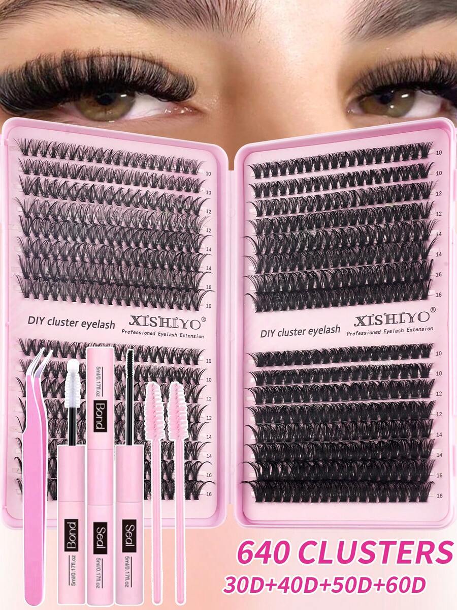 640片簇状假睫毛，浓密卷翘睫毛嫁接套装，D型卷翘，10-16mm混合长度，DIY睫毛嫁接套装，蓬松柔软的单根睫毛，打造丰盈自然的Y2K蝴蝶妆效，在家轻松DIY，持久睫毛胶水，DIY卸妆液，DIY镊子，簇状睫毛（10D+20D+30D+40D/30D+40D+50D+60D/50D+60D+80D+100D）