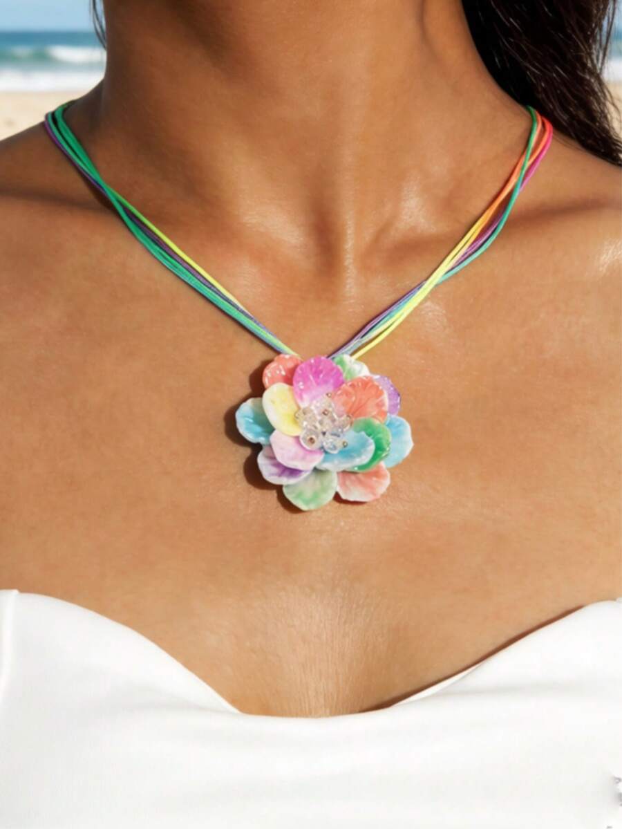 1 chiếc vòng cổ mặt dây chuyền hình hoa bện bằng polyester kiểu Bohemian, món quà tuyệt đẹp dành cho phụ nữ trong kỳ nghỉ biển.