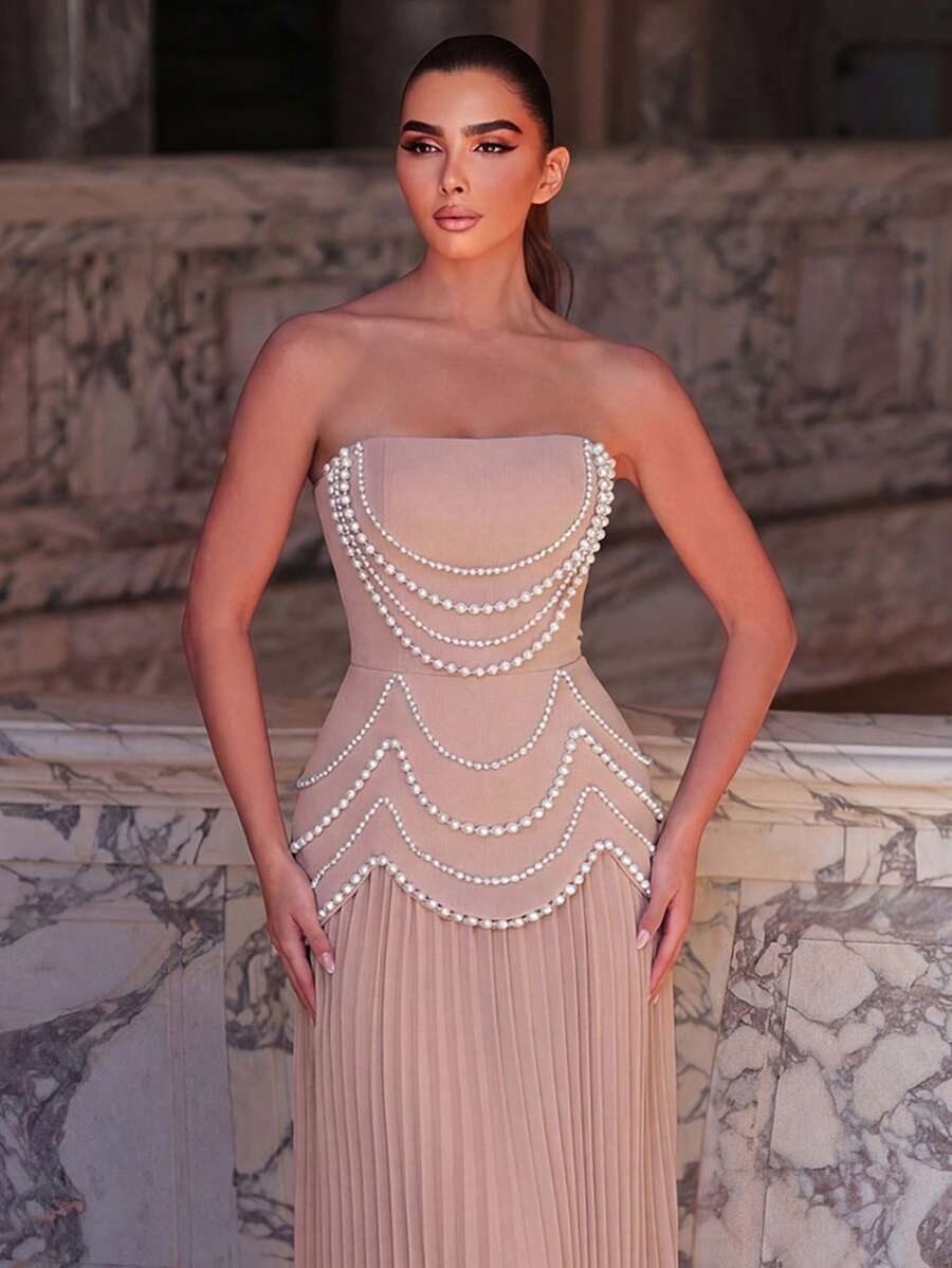 Faeriesty 女士无肩带串珠褶皱正式晚礼服，修身胸衣搭配后背系带设计，适合盛大晚宴、婚礼、红毯活动、周年纪念日和正式派对等场合，尽显优雅春日风情。 - 卡其色 - 查看 1