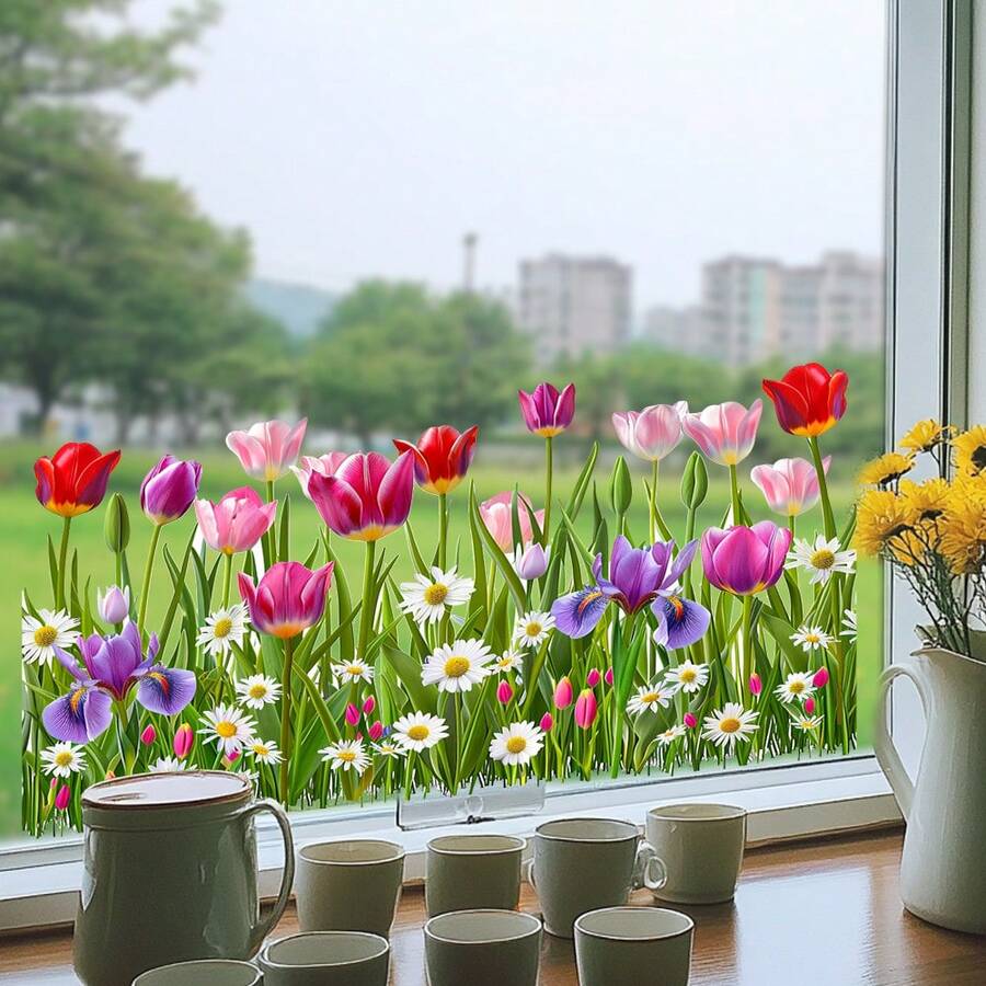 1片春季花卉窗贴,郁金香鸢尾雏菊组合,自粘式,易于粘贴,清新治愈的窗台装饰 - 多色 - 查看 1