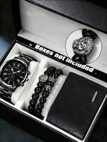 3pcs Minimalist Business Men's Quartz Watch Set, Men's Rugged Business Style Multifunctional Quartz Watch Set, Including A Black Steel Strap Men's Quartz Watch, A Black Round Bead Lion-Head Crown Decorative Men's Bracelet, And A Black PU Leather Short Wallet. Centered On A Calm Black Color Scheme And A Bold, Masculine Design - Black - View 1
