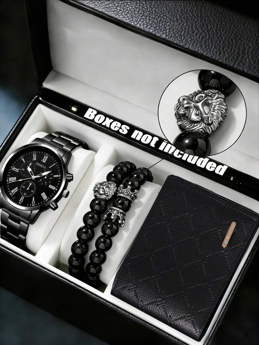 3pcs Minimalist Business Men's Quartz Watch Set, Men's Rugged Business Style Multifunctional Quartz Watch Set, Including A Black Steel Strap Men's Quartz Watch, A Black Round Bead Lion-Head Crown Decorative Men's Bracelet, And A Black PU Leather Short Wallet. Centered On A Calm Black Color Scheme And A Bold, Masculine Design - Black - View 1