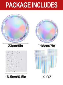 10pcs Rainbow Paper Plates, Round Disposable Plates Suitable For Cake, Salad, Pizza, Etc., Holographic Rainbow Silver Decor Party Supplies, Including 9-Inch Paper Plates, 7-Inch Laser Paper Plates, 9oz Paper Cups, Perfect For Garden Parties, Weddings, Anniversaries, Birthdays, Holidays - Multicolor - View 3