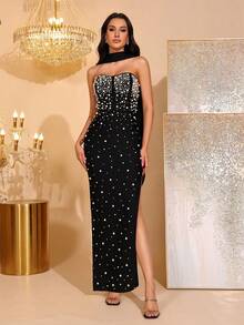 Rhinestone Strapless Slit Tube Bridesmaid Dress, Party Bandage Dress - Black - View 5