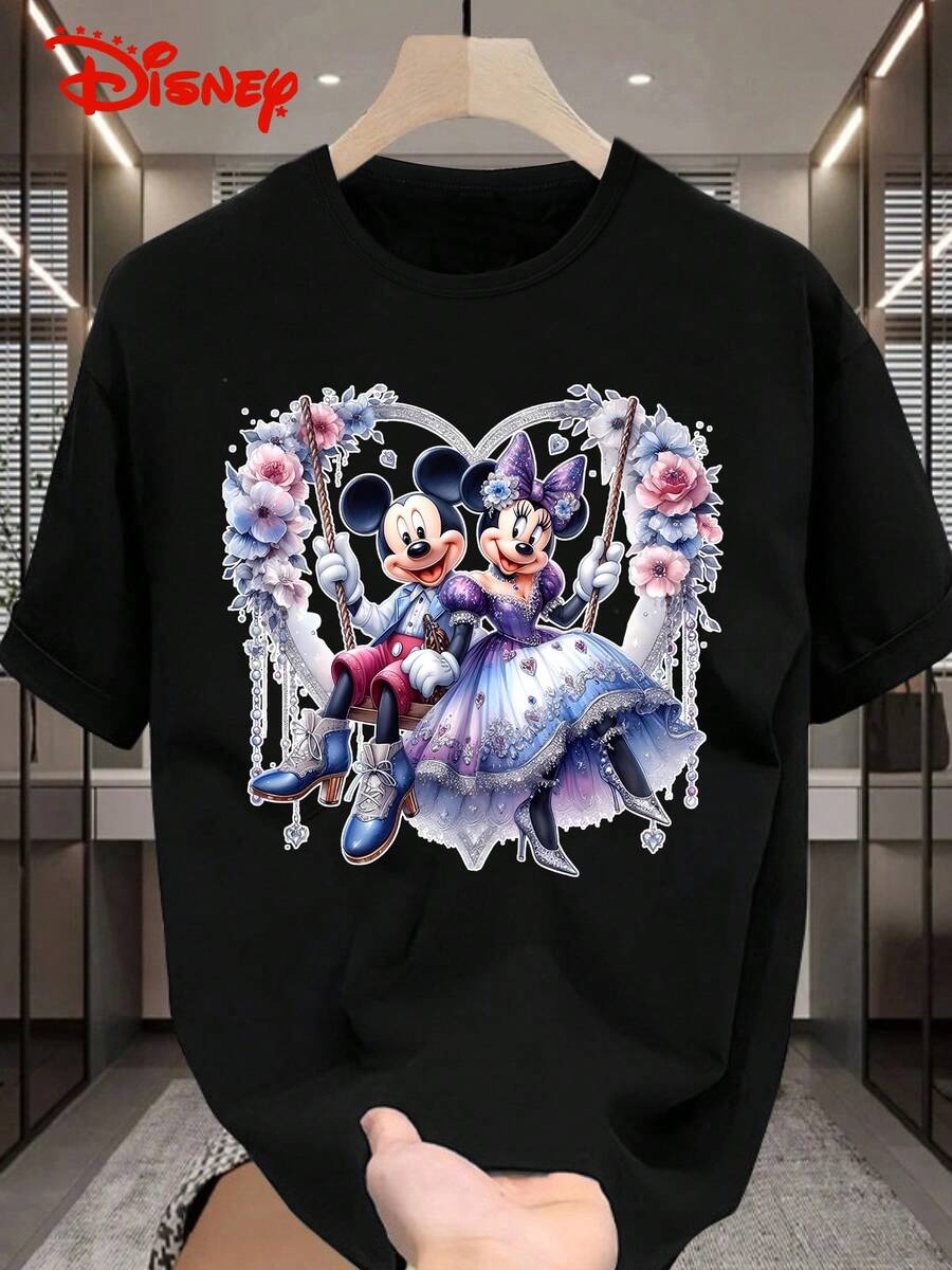 Disney 1pc Men's Mickey Mouse & Minnie Mouse Cartoon Print Short Sleeve T-Shirt, Round Neck, Stretchy, Suitable For Daily Wear, Easy Care Material, Fashionable Casual Men's T-Shirt, Short Sleeve Tee - Black - View 1