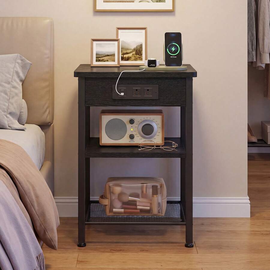 Tomnk Nightstand With Charging Station, Bedside Table With Fabric Drawer, Night Stand With Storage, 3-Tier Bed Side Table, End Table For Bedroom, Home Decor - 查看 1