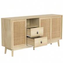 Sideboard With 3 Sliding Doors Made Of Genuine Rattan And 2 Drawers, 155x38x80 Cm, Breathable, Stable And Versatile. - Natural Color - View 6