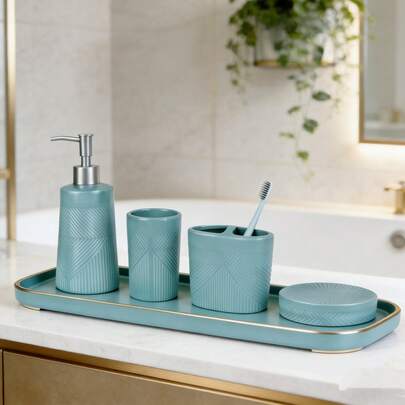Juego de baño de lujo ligero con diseño de ondas de 4 o 5 piezas, juego de lavabo para encimera de baño, juego de accesorios de baño, juego de baño, que incluye dispensador de jabón, jabonera, portacepillos de inodoro, portacepillos de dientes, vaso, decoración de baño, artículos esenciales de baño, suministros de baño, se puede utilizar como regalo de inauguración de casa/vacaciones/Día de la Madre/Año Nuevo/Día de San Valentín/cumpleaños.