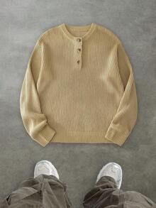 Men's Comfortable Minimalist Button Decor Long Sleeve Crew Neck Sweater, Casual Versatile For Daily Wear, Autumn/Winter - Khaki - View 4