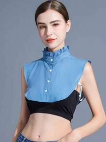 一件可拆卸牛仔尖领蓝色毛衣衬衫，秋冬季百搭叠穿单品，优雅风格 - 彩色 - 查看 14