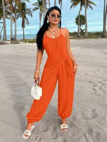 AIJ 女士南瓜橙色连体裤，无袖细肩带设计，饰有独特的打结细节和口袋。这款别致的长款梭织面料连体裤，适合日常穿着。 - 橘色 - 查看 8