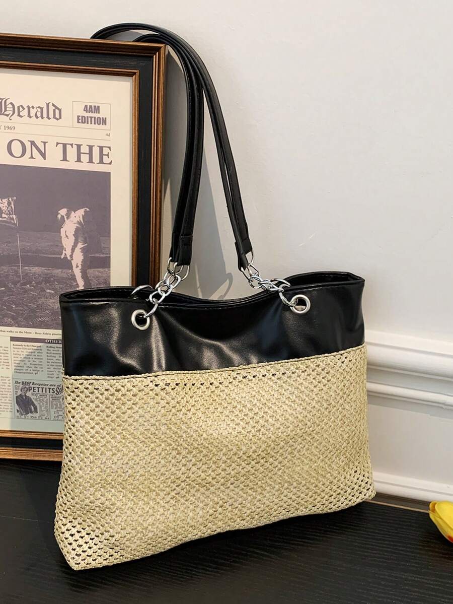 Túi tote rơm dung tích lớn kiểu dáng mới mùa xuân 2026, túi đeo vai/túi xách tay đi biển thời trang thường ngày dành cho nữ. - màu đen - Xem 1