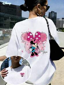 Women's Summer Slim T-Shirt, 100% Cotton Short-Sleeved Shirt "Disney" Minnie Mouse Pink Bow Dream Print Women's Summer Clothing, Simple And Versatile Round Neck T-Shirt, Casual And Comfortable Pullover, Suitable For Home Wear, Go Out To Play Wear, Women's New Clothing. - trắng - Xem 1