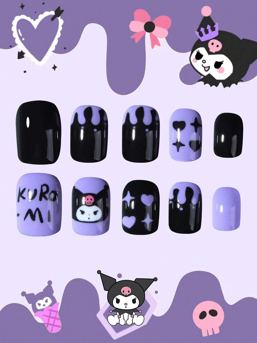 SANRIO Bộ 24 miếng dán móng tay vuông ngắn kiểu Y2K màu hồng, trang trí họa tiết trái tim, nơ và ngôi sao 3D, phù hợp cho các bé gái sử dụng hàng ngày và dự tiệc. - Nhiều màu - Xem 1