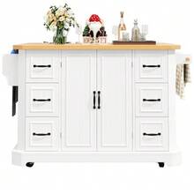Mobile Kitchen Island, Kitchen Unit, Kitchen Trolley With 2 Doors And 6 Drawers, With Wheels, (120x45(75)X91 Cm), White/Black - White - View 7