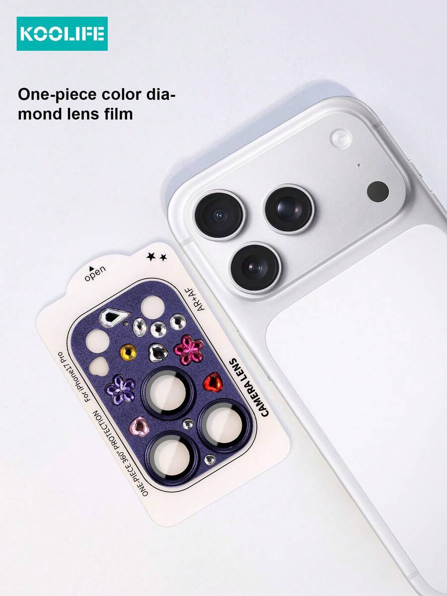 1 pieza Protector de lente de cámara con cobertura total a prueba de golpes con decoración de cristales de imitación, flores 3D, corazón y gota de agua, claro HD, elegante y de moda, a prueba de burbujas, a prueba de agua y a prueba de arañazos, compatible con iPhone 17/17 Pro/17 Pro Max, regalo del Día de la Madre - Azul - Ver 1