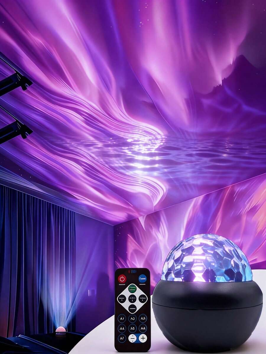 小巧的UFO造型台灯，拥有美丽的星光、波浪或极光灯光效果，多色旋转，Type-C供电遥控器，适用于卧室、客厅、派对和各种节日场合。