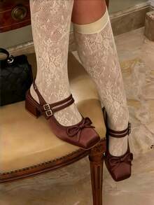Elegant Cute Womens Ballet High Heels Round Toe Bow Decors Lace Up Block Heel Ballerina Dancing Shoes Party Dressy Occasions Heeled Shoes - 棕色(2) - 查看 4