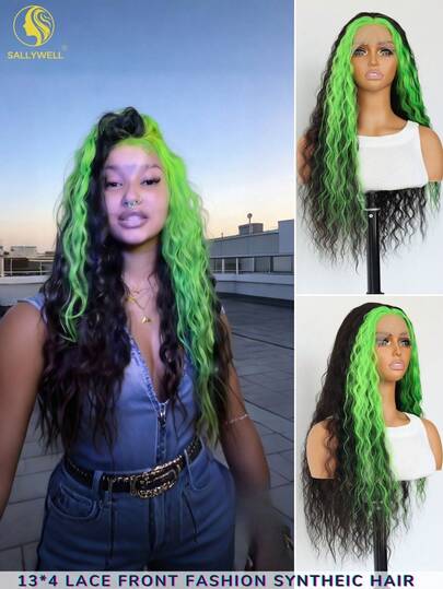 Loose Curly Skunk Stripe Green Black Synthetic Lace Front Wig For Women Glueless Highlight Green Black Long Water Wave 13x4 Lace Front Wigs For Cosplay Party 26 Inches 150 Density Curreritty Unavailapte.Lurrertty Uriavanlaute.